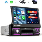 Boscer 1Din Autoradio - Android 15 - Apple Carplay & Android Auto (Draadloos) - 2+64GB - 7 Inch IPS HD Handmatig Klapscherm - Navigatiesysteem - Bluetooth, Aux, USB, SD & MP5 - GPS - WIFI - Achteruitrijcamera & Microfoon
