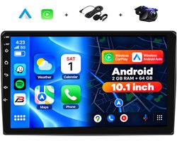 Boscer Autoradio 2Din Universeel - Android 15 - Apple Carplay & Android Auto - 10.1 Inch HD Touchscreen - GPS Navigatiesysteem - 2+64GB - Externe Microfoon & Achteruitrijcamera
