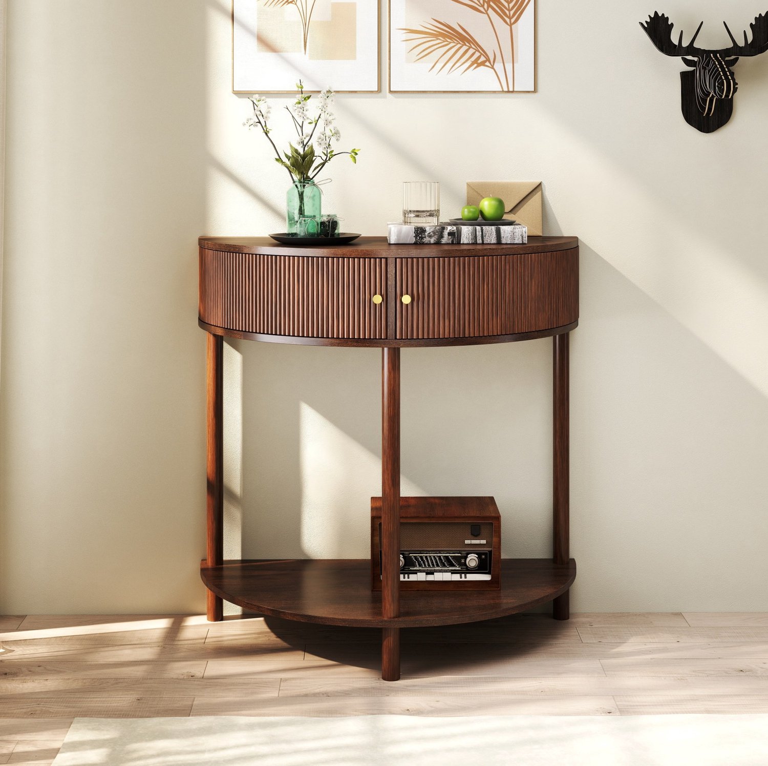 COVREO Sidetable met 2 lades – 80x40x82 cm – Consoletafel met opbergplank – Halfrond meubel voor hal – Walnootbruin