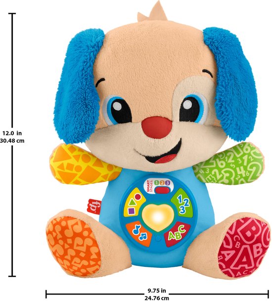 Fisher-Price puppy knuffel met blauwe oren, interactieve buik met Smart Stages-hart en kleurrijke leerpatronen.