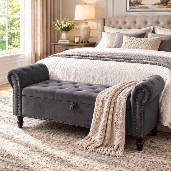 Luxe Opbergbank 133 cm – Zitbank met Opbergruimte – Fluwelen Bekleding – Donkergrijs – Gecapitonneerde Zitting – Slaapkamerbank met Armleuningen en Houten Poten