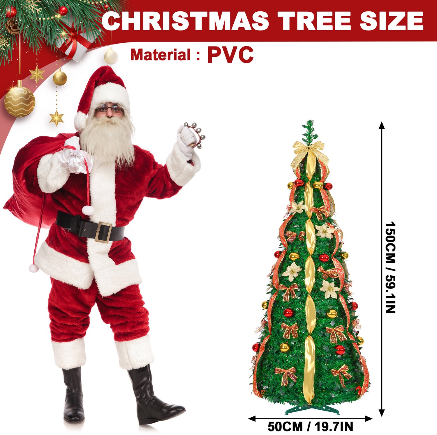 Pop-up Kerstboom 150 cm met 100 LED - 8 Lichtmodi - Rood & Goud - Inclusief Kerstballen & Linten - Opvouwbaar - NAIZY – foto 2