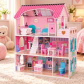 Houten Poppenhuis met Meubels - Dollhouse van Hout - Kinderspeelgoed voor Jongens en Meisjes - 79 Onderdelen en Accessoires - 70 cm - Roze