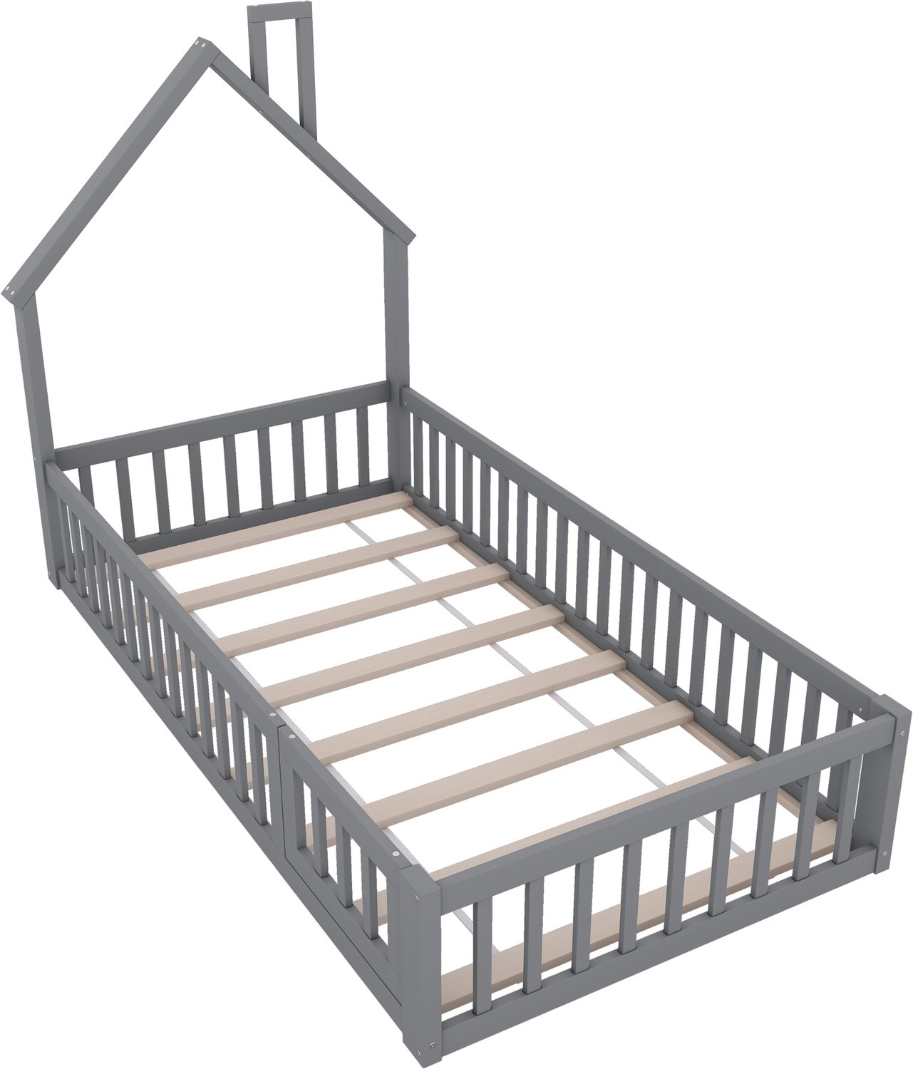 Huisbed 90 x 200 cm - Met Lattenbodem En Veiligheidshekken - Huisvorm Met Schoorsteen - Grenenhout En MDF - Grijs Kinderbed Voor De Kinderkamer
