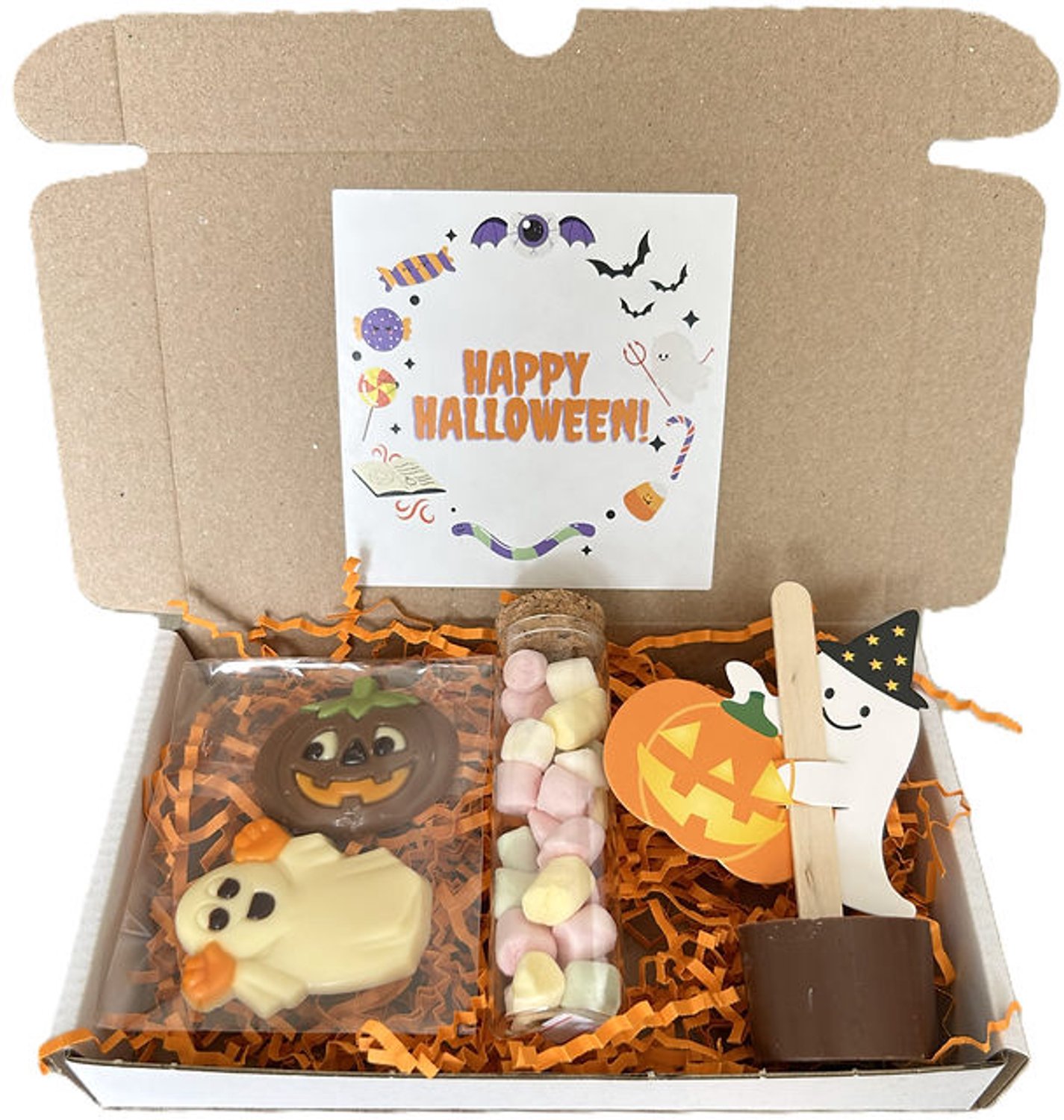 Halloween mini choco brievenbus cadeau - chocolade - marshmallows - spook - pompoen