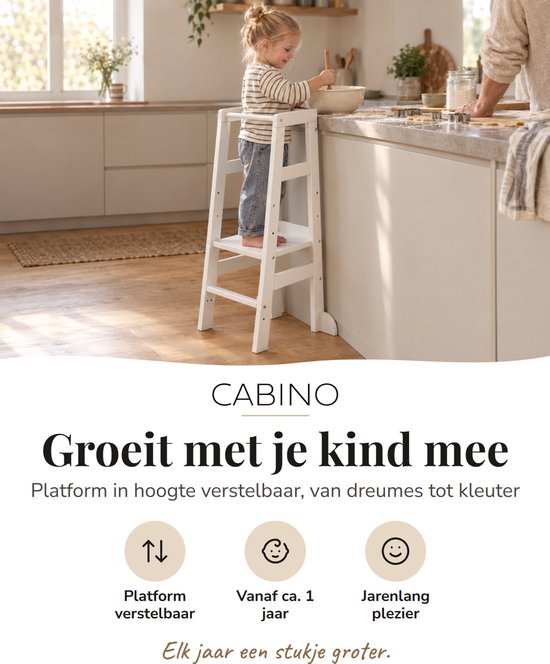 Kind op verstelbare Cabino leertoren helpt bij het bakken. Groeit mee met het kind.