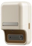 Staande crèmewitte Niimbot B21 Pro labelprinter met bruine geribbelde afwerking en centrale aan/uit-knop.