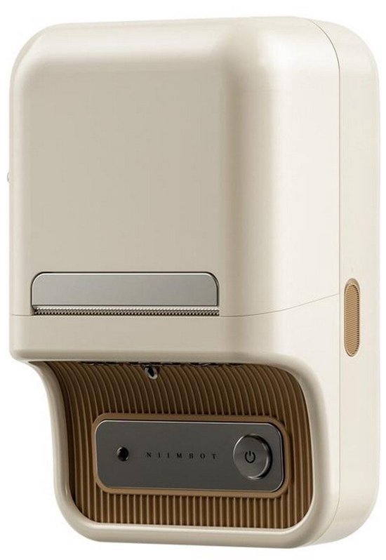 Staande crèmewitte Niimbot B21 Pro labelprinter met bruine geribbelde afwerking en centrale aan/uit-knop.