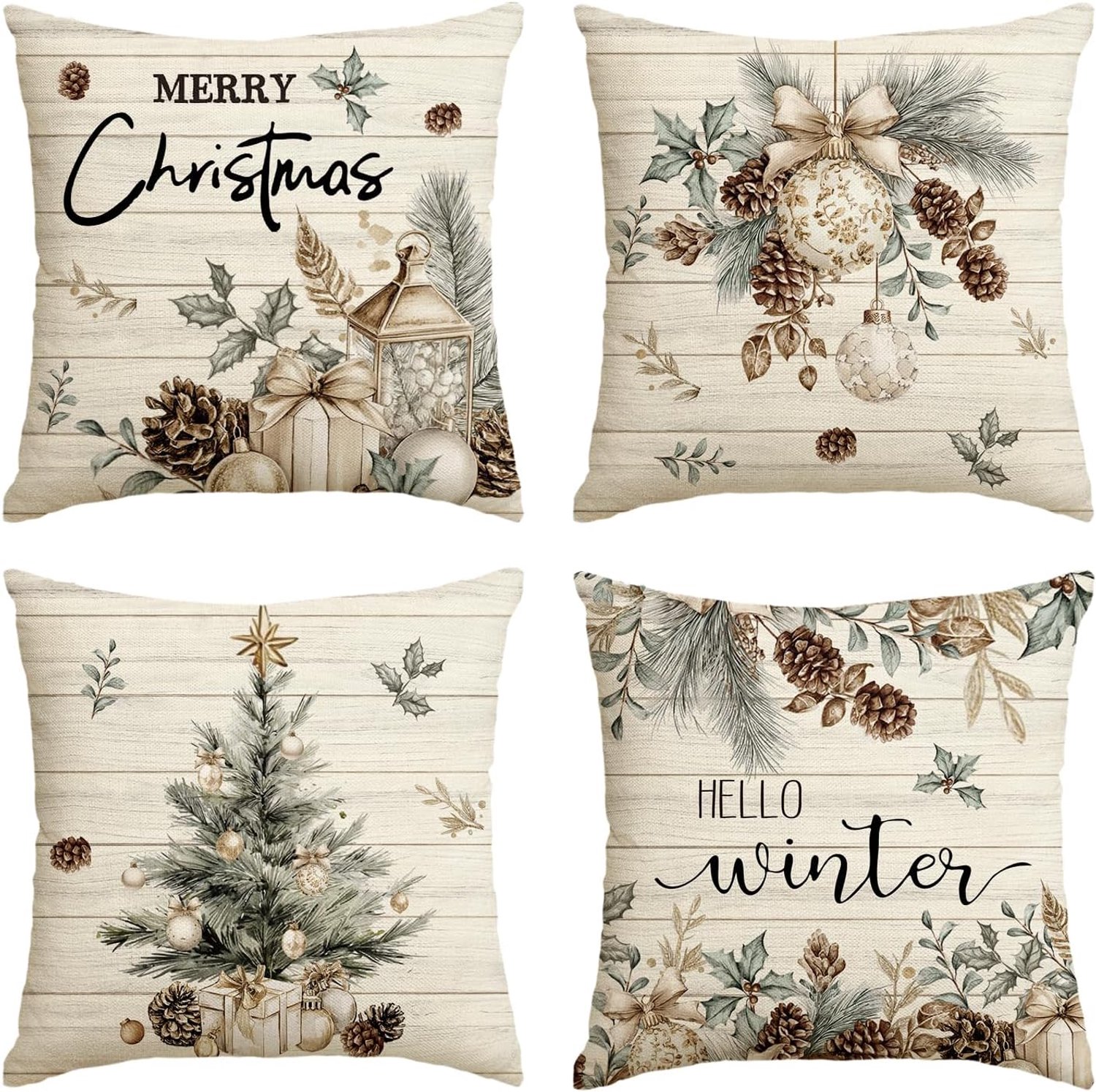 Set van 4 - Kerst kussensloop - Kussenhoes - Kerstkussenslopen - 45 x 45 cm - Kerst decoratie - Kussenhoesjes - Winter vakantie kerstdecoratie - Thuis bank kussen - Binnen decoraties - Voor decoratie Kerstmis, bank, slaapkamer - Polyester - Beige