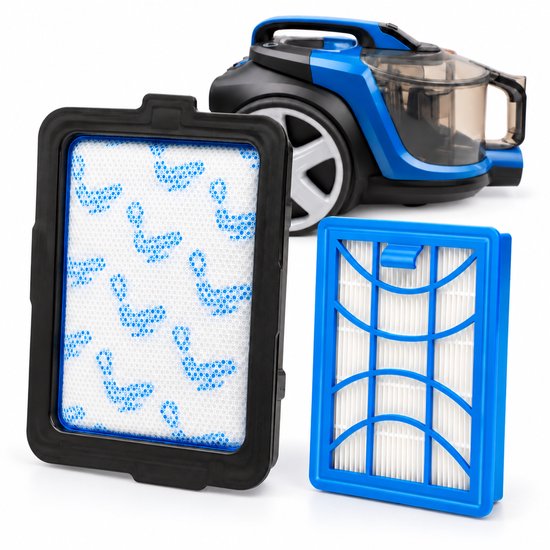 Blauw motorfilter in zwarte houder, los HEPA-uitblaasfilter en een Philips stofzuiger in de achtergrond.