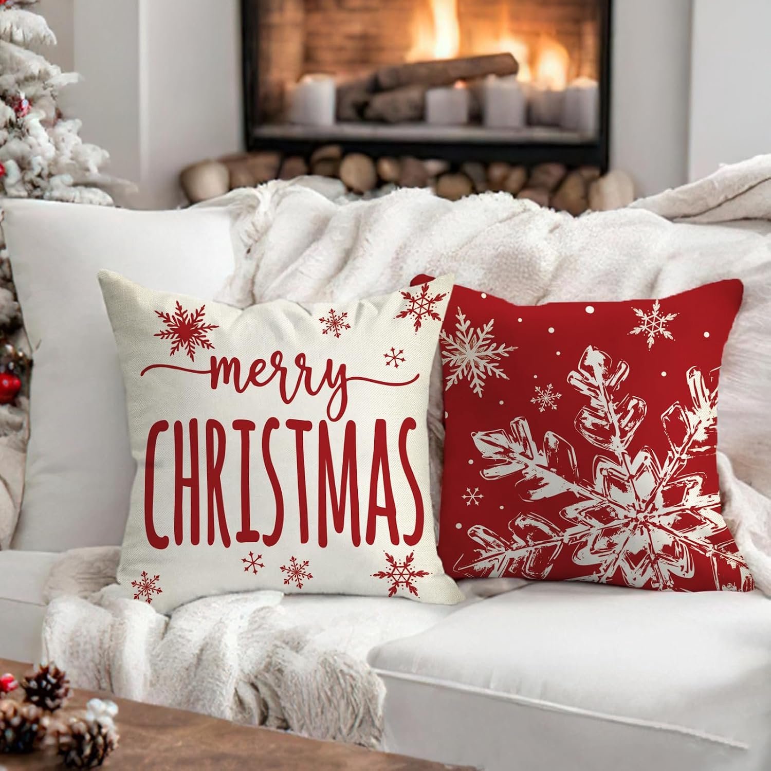 Set van 4 - Kerst kussensloop - Kussenhoes - Kerstkussenslopen - 45 x 45 cm - Kerst decoratie - Kussenhoesjes - Winter vakantie kerstdecoratie - Thuis bank kussen - Binnen decoraties - Voor decoratie Kerstmis, bank, slaapkamer - Polyester - Rood – foto 2