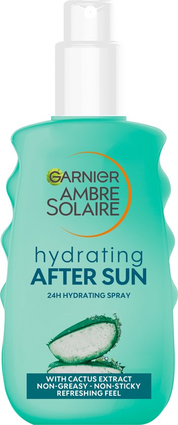 Garnier Ambre Solaire hydraterende aftersun spray met cactus-extract in een turquoise fles van 150 ml.