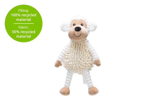 Pluche knuffelaap met textuur, 100% gerecyclede vulling en 50% gerecyclede stof.