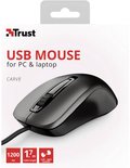 Productdoos van Trust Carve USB-muis met 1200 dpi en 1,7m kabelaanduiding.