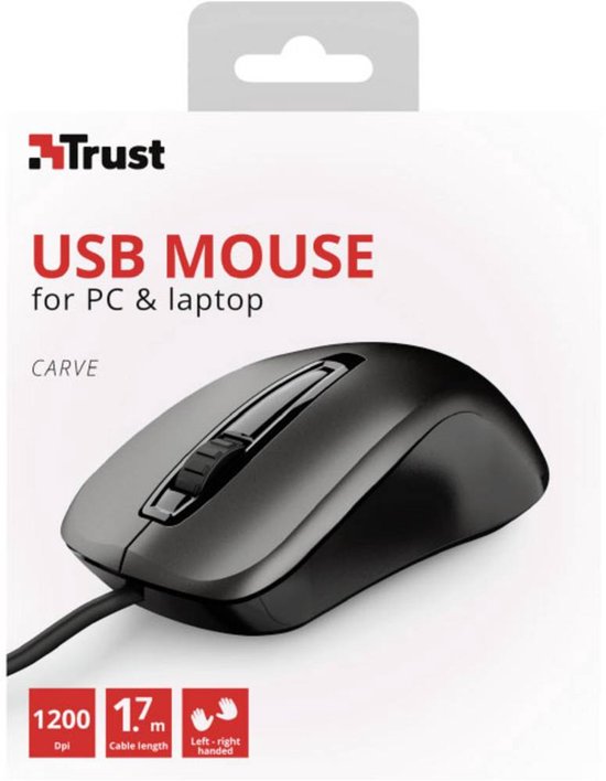 Productdoos van Trust Carve USB-muis met 1200 dpi en 1,7m kabelaanduiding.