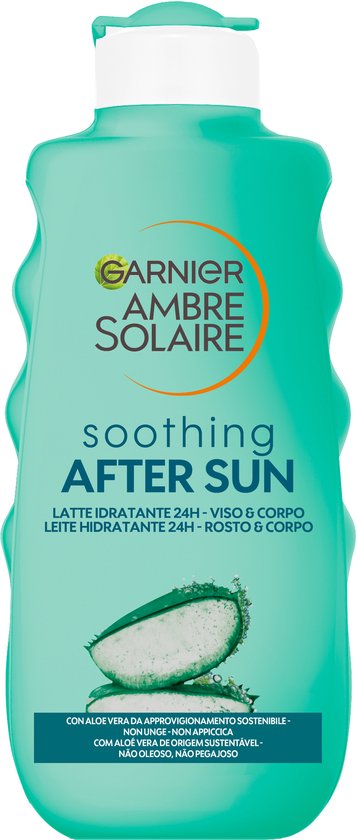 Garnier Ambre Solaire verzachtende aftersun melk met aloë vera in een turquoise fles van 175 ml.