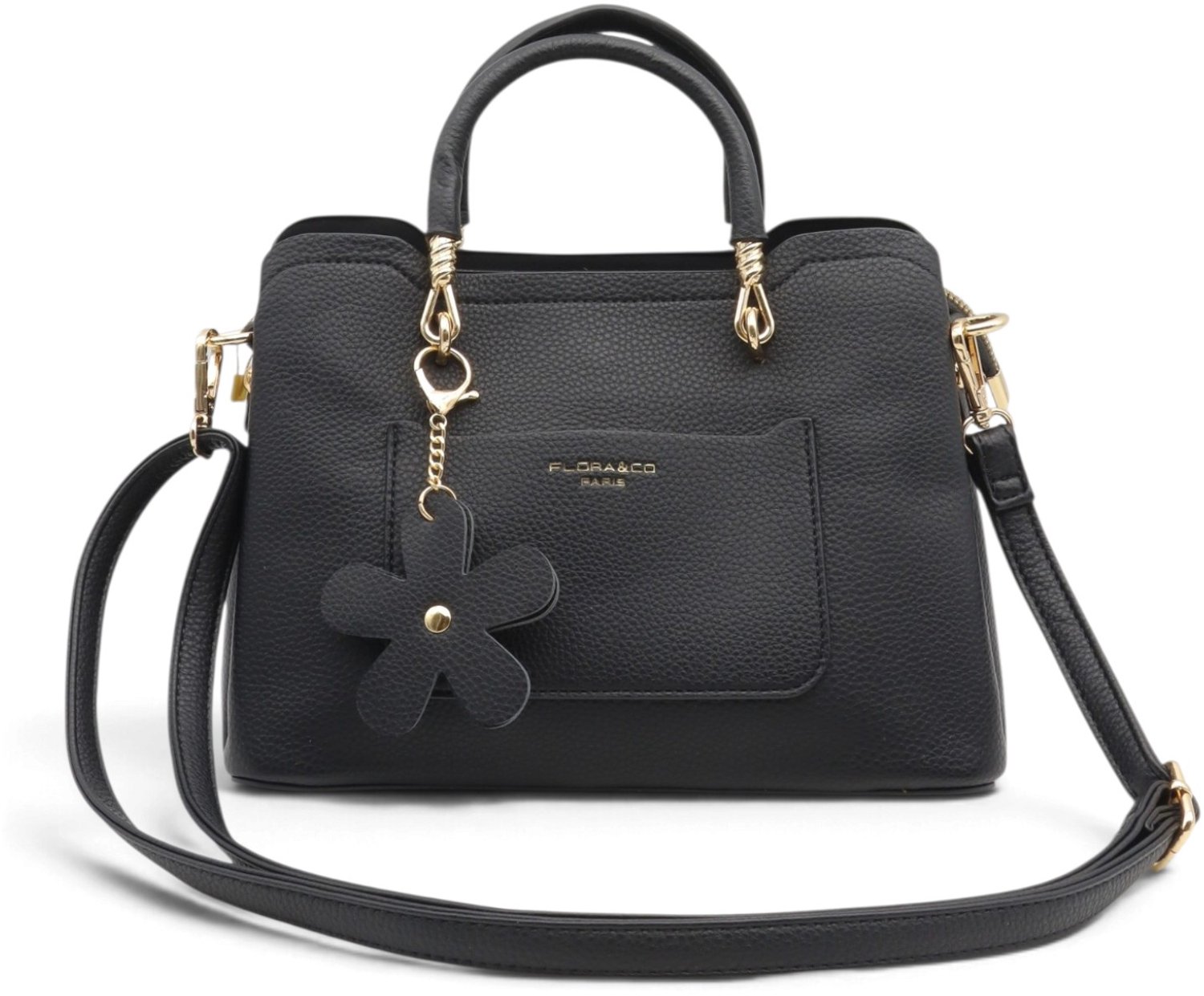 Flora&Co - GABRIELLE - generfd kunstleer - handtas - lange instelbare draagriem - bloemhanger - zwart