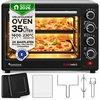 Zwarte TurboTronic vrijstaande oven van 35 liter met twee pizza's erin, inclusief bakplaten en accessoires.