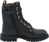 Binnenzijde van zwarte bikerboot met ritsluiting, veters en een robuuste profielzool.