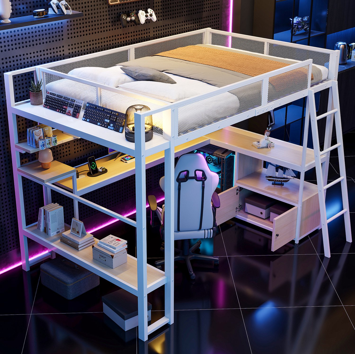 COVREO Hoogslaper met bureau – 140x200 cm – Gamingbed met LED en planken – Bed met trap en valbeveiliging – Wit - zonder matras