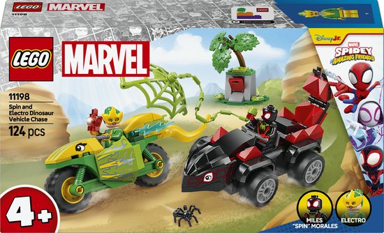LEGO Marvel Spin en Electro dinosaurus achtervolging doos met voertuigen, minifiguren en 124 onderdelen voor 4 jaar.