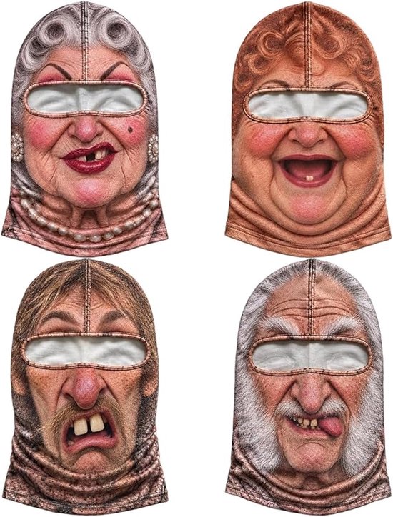 3D Print Balaclava Masker - Bivakmuts - 4 Grappige Balaclava Maskers - Warm, Ademend - Grappige Skimaskers met Oud Man & Vrouw Gezicht - One Size - Outdoor - Wintersport, Raves en Halloween