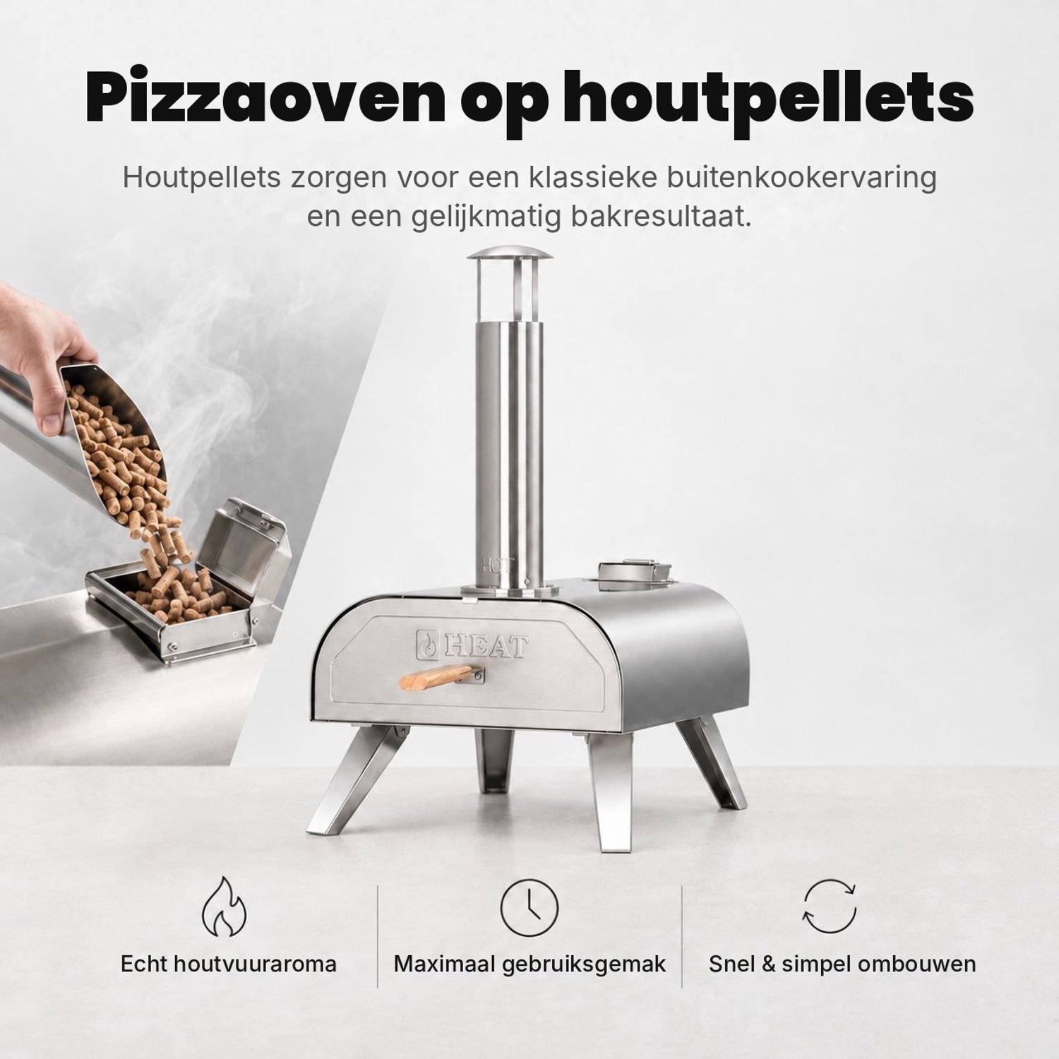 HEAT Pizza Pellet Oven - Houtpellet Pizzaoven voor Buiten - Inclusief Pizzasteen - RVS Dubbelwandig - Inklapbaar - 450-500°C – foto 4