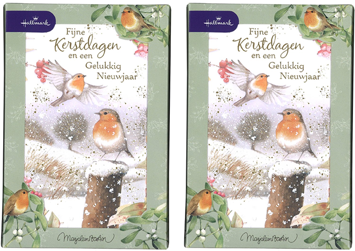 Hallmark - Marjolein Bastin - 20 Kerstkaarten - 2 doosjes - Roodborstjes - Goudfolie - Kerst - Nieuwjaar - 12,5 x 18 cm