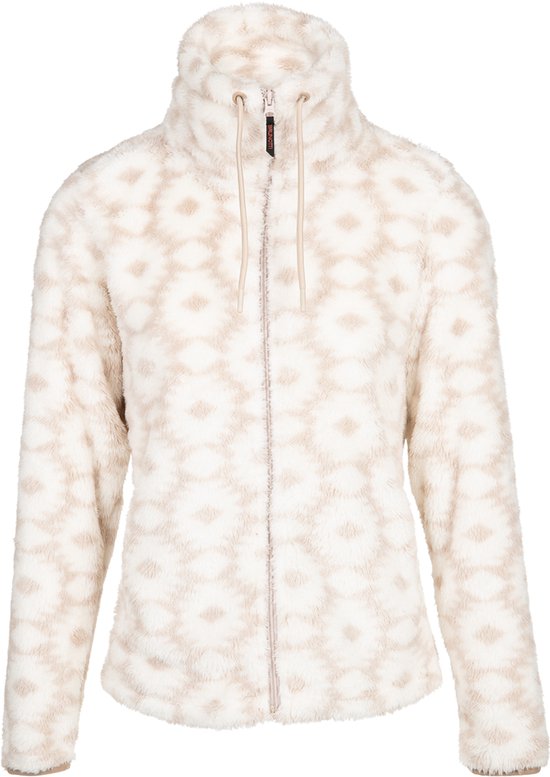Voorkant van Brunotti fleecevest met rits, trekkoorden en beige-wit geometrisch patroon.