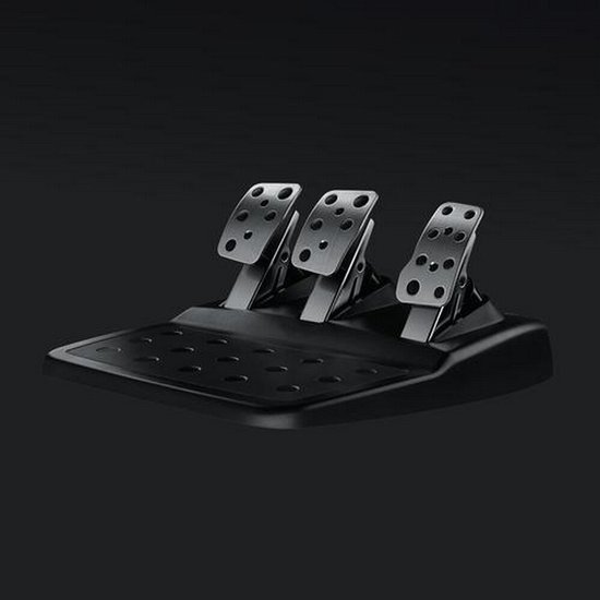 Zwarte Logitech G racestuurpedalen met drie metalen pedalen met geperforeerd patroon.
