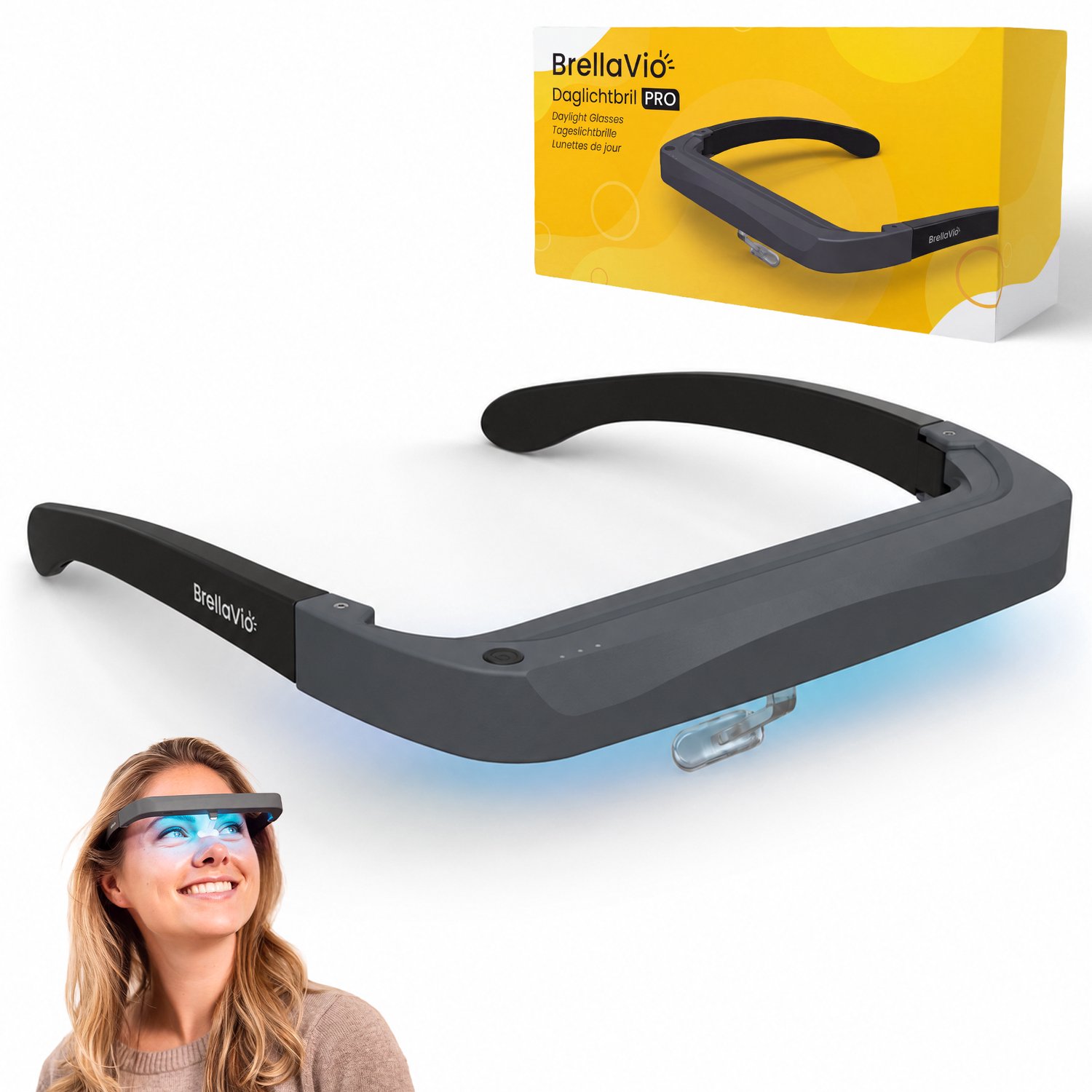 BrellaVio Daglichtbril PRO - Alternatief voor 12.000 Lux Daglicht Lamp - Incl. Opbergcase - UV-vrije LED Licht Bril - Lichttherapie Bril - Zwart
