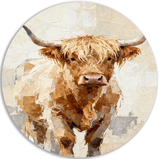 Ronde muurcirkel met een abstracte Schotse hooglander in dikke penseelstreken, bruin, beige en crème kleuren.