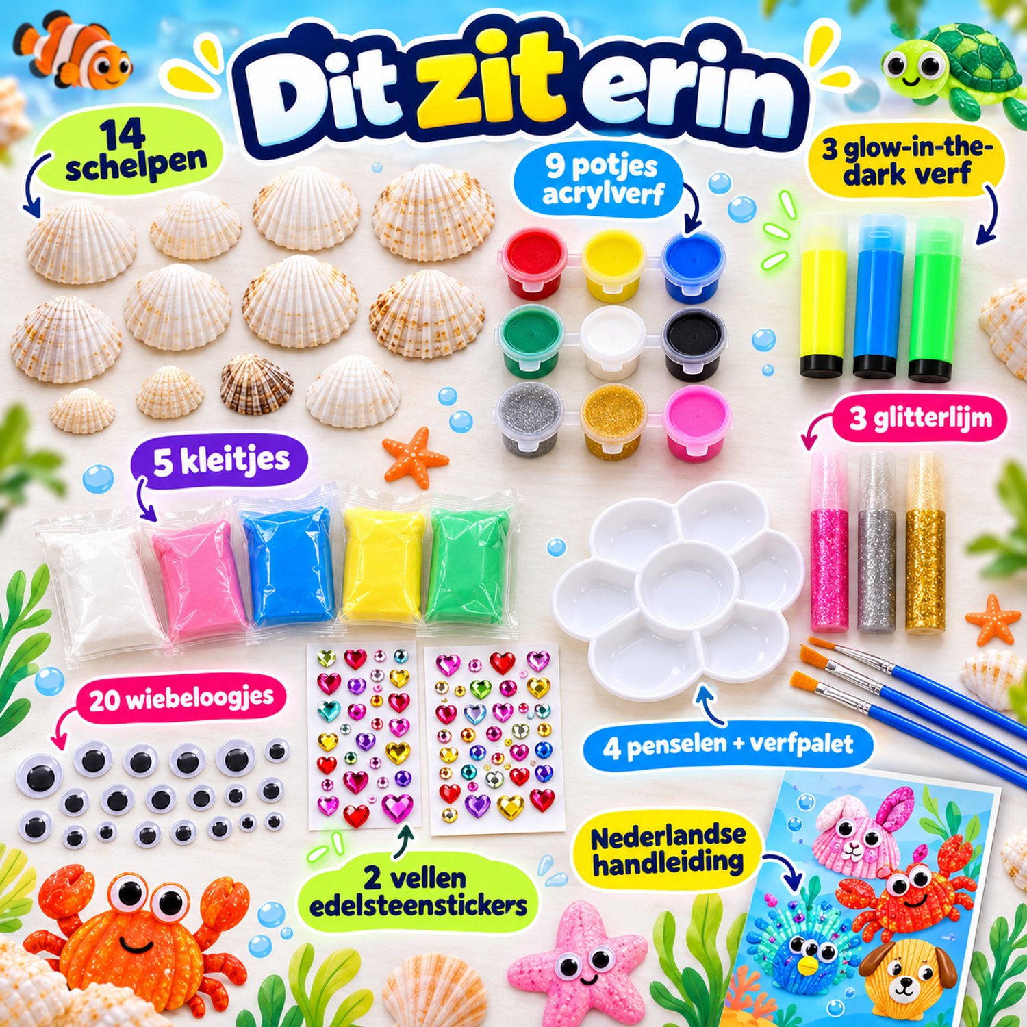 Twenty4seven® Schelpen Schilderen Set - 14 Schelpen met 9 Acrylverf Potjes - Glow in the Dark - Knutselpakket & Knutselset Kinderen - Penselen, Klei & Stickers — afbeelding 4