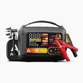 AutoXtreme Boost Xtreme 8250 zwarte starthulp met rode en zwarte startklemmen en luchtslang, voor een witte achtergrond.
