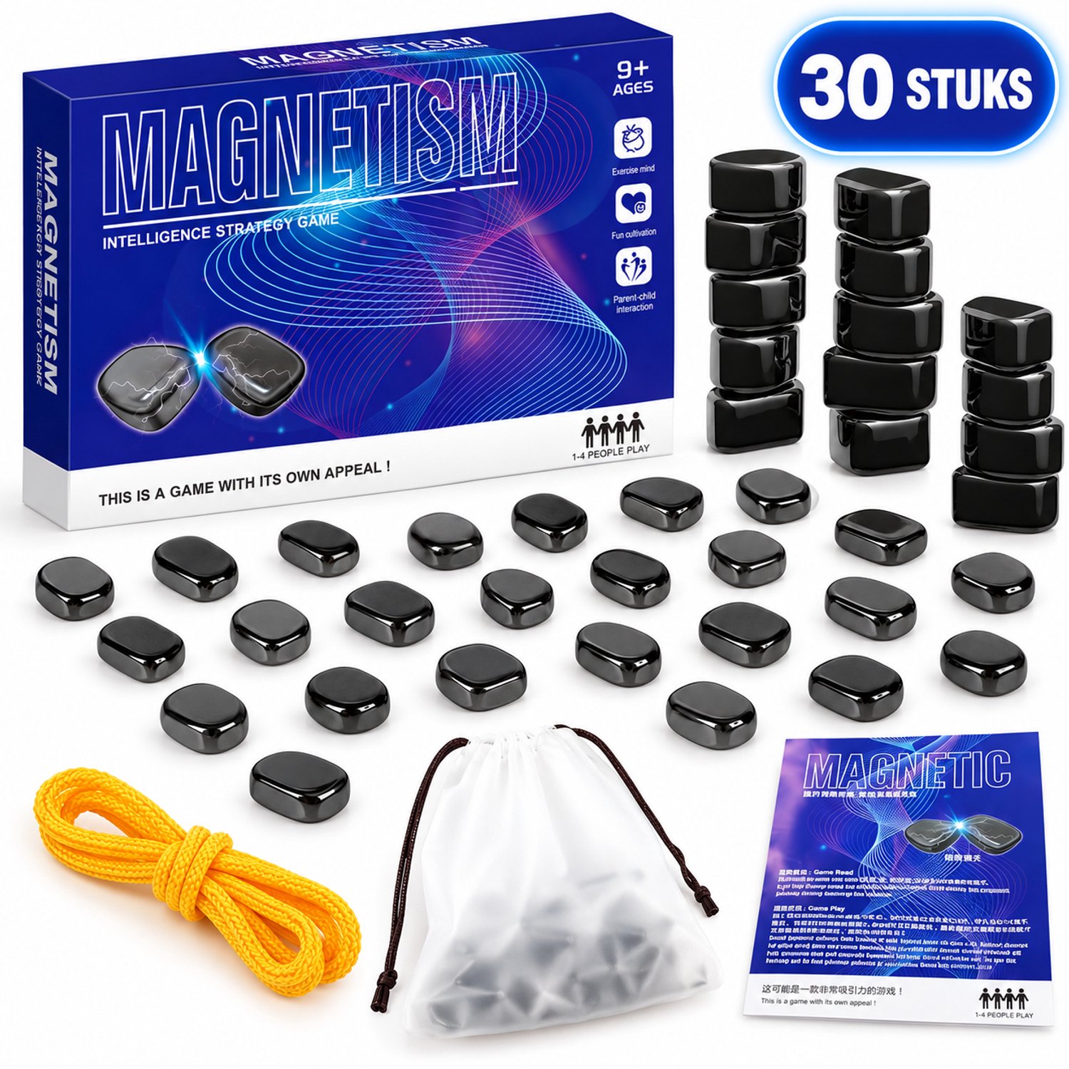 Flero Magneetspel, Magnetisch Schaakspel, Tafel Magneetspel - Magneetstenen Bordspel 30 Stuks met Touw en Opbergzakje - Strategiespel voor 1 tot 4 Spelers - Campingspel, Feestspel, Familiebijeenkomsten, Reisspel (Blauw)