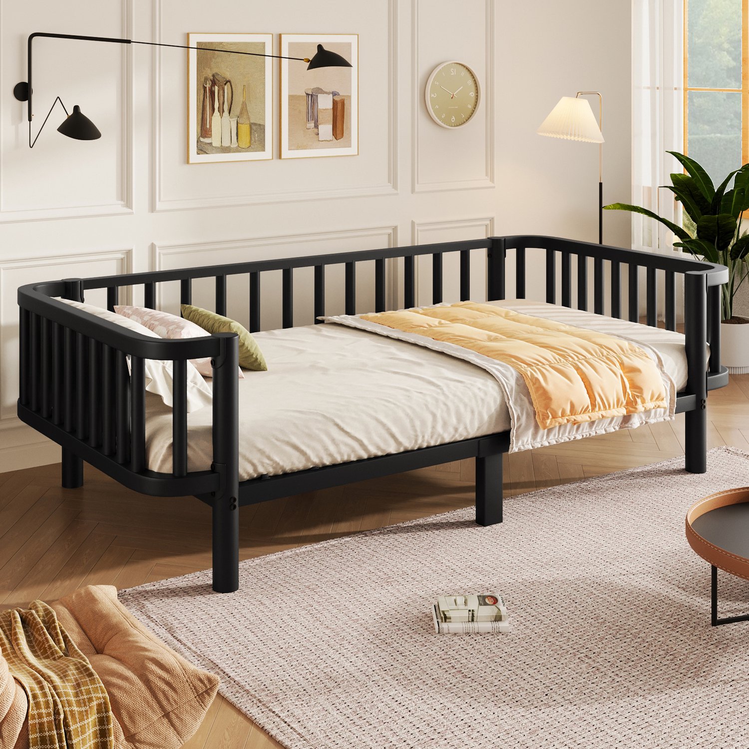 Kinderbed, Eenpersoonsbed, Metalen dagbed, 90 x 200 cm, stabiel lattenbodem van staal, zwart