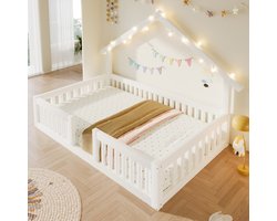 Kinderbed, Eenpersoonsbed, 90x200 cm van hout met valbeveiliging, huisbed met LED-lichtslinger, vloerbed met veiligheidshekje, Wit