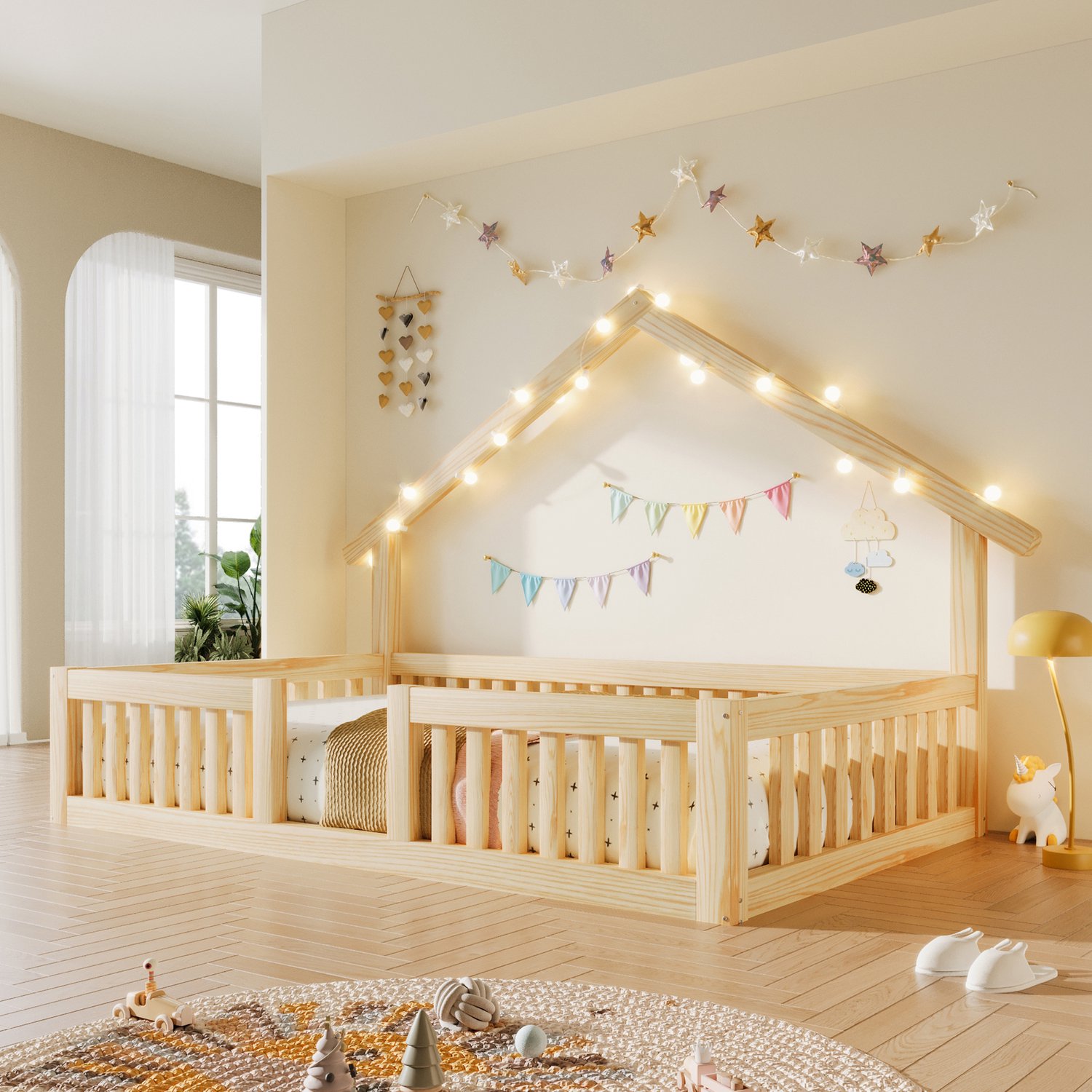 Kinderbed, Eenpersoonsbed, 90x200 cm van hout met valbeveiliging, huisbed met LED-lichtslinger, vloerbed met veiligheidshekje, Naturel