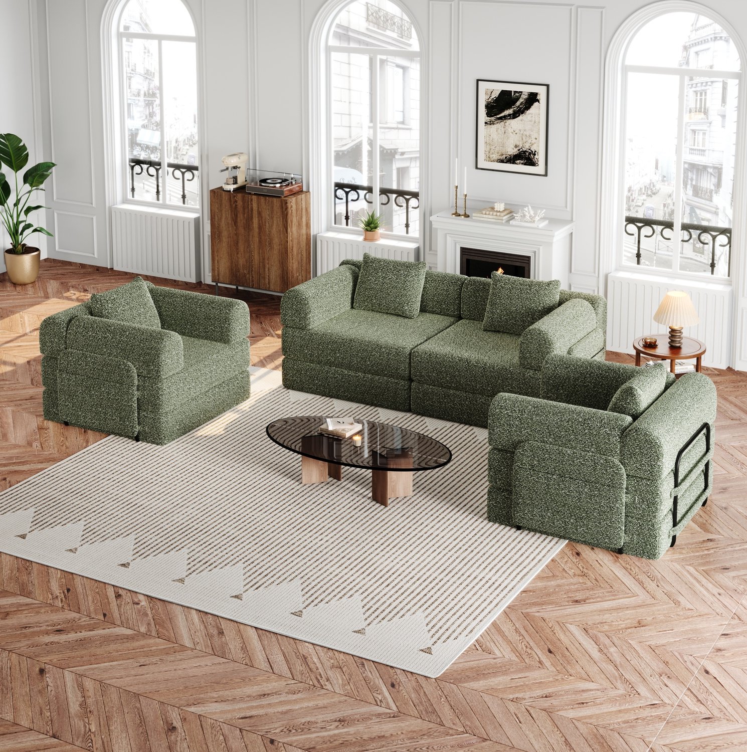 Wishdor Slaapbank 2-in-1 met slaapfunctie en armleuningopbergruimte - Drie stalen frames voor structurele ondersteuning - Modulair opstelbaar - Woonkamer - Chenille stof - Groen - 183,8 x 91,4 x 69,8 cm