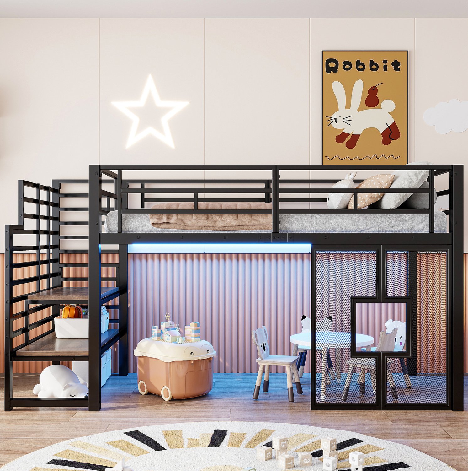 Wishdor Hoogslaper 90x200 cm - Metalen frame met MDF - Trap met twee opbergvakken - LED-verlichting en raamdesign - Moderne stijl - Kinderkamer slaapkamer - Zwart