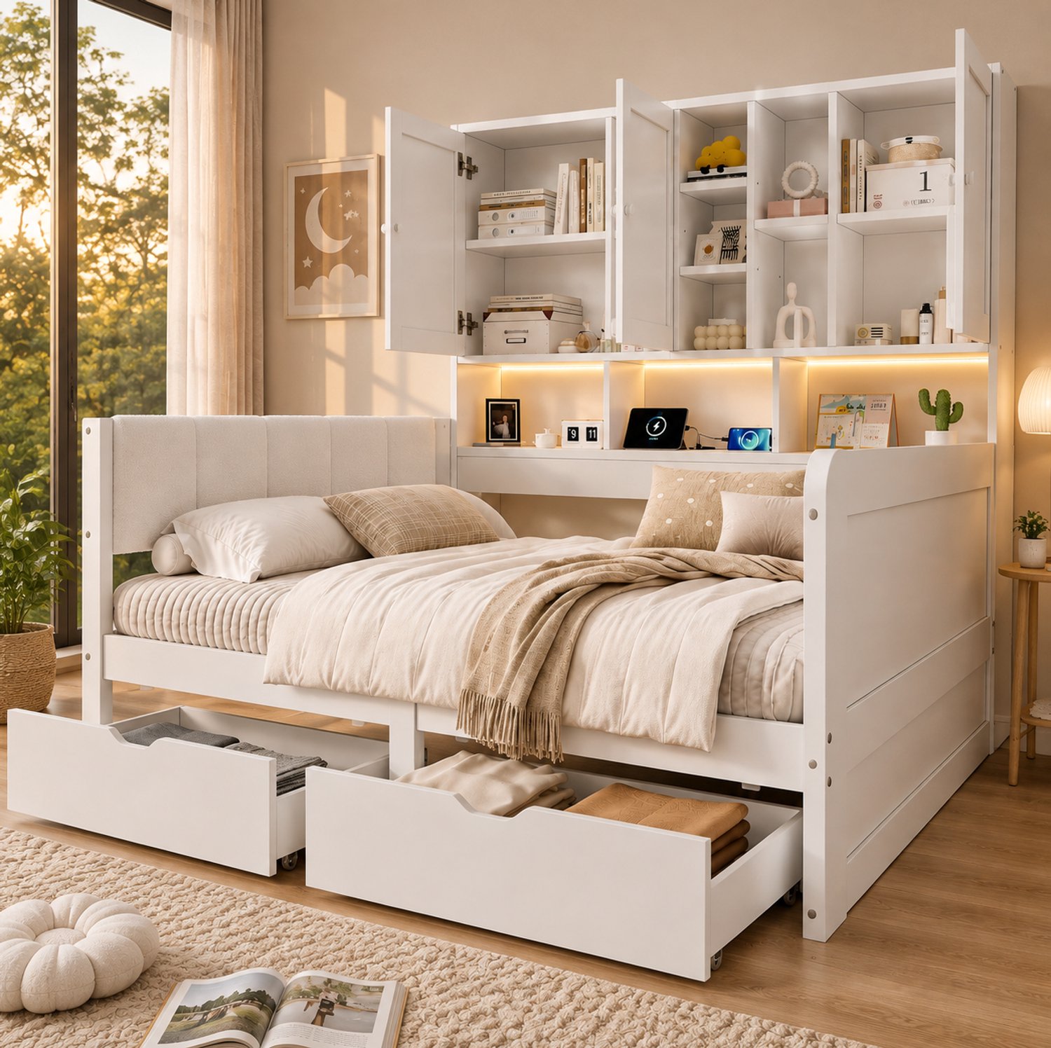 DESMIU Kinderbed 90x200 cm – LED-Verlichting en Oplaadpunten – Opbergruimte met Lades – MDF met PU-Hoofdbord – Zonder Matras – Wit