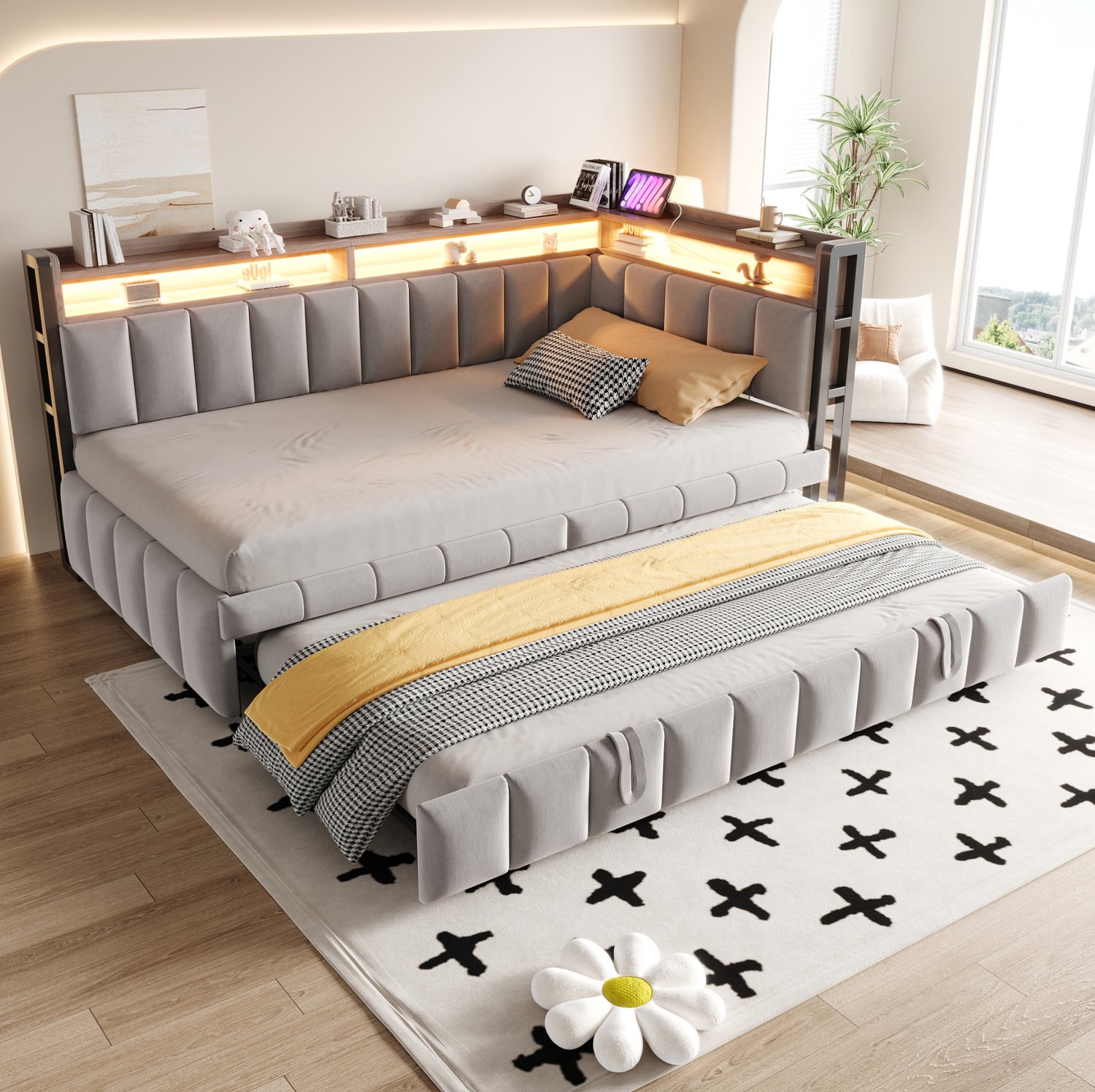 MODENUIT Slaapbank – LED-Verlichting En Uitschuifbed – 90 x 200 cm – Velours – Lichtgrijs – Met Opbergruimte