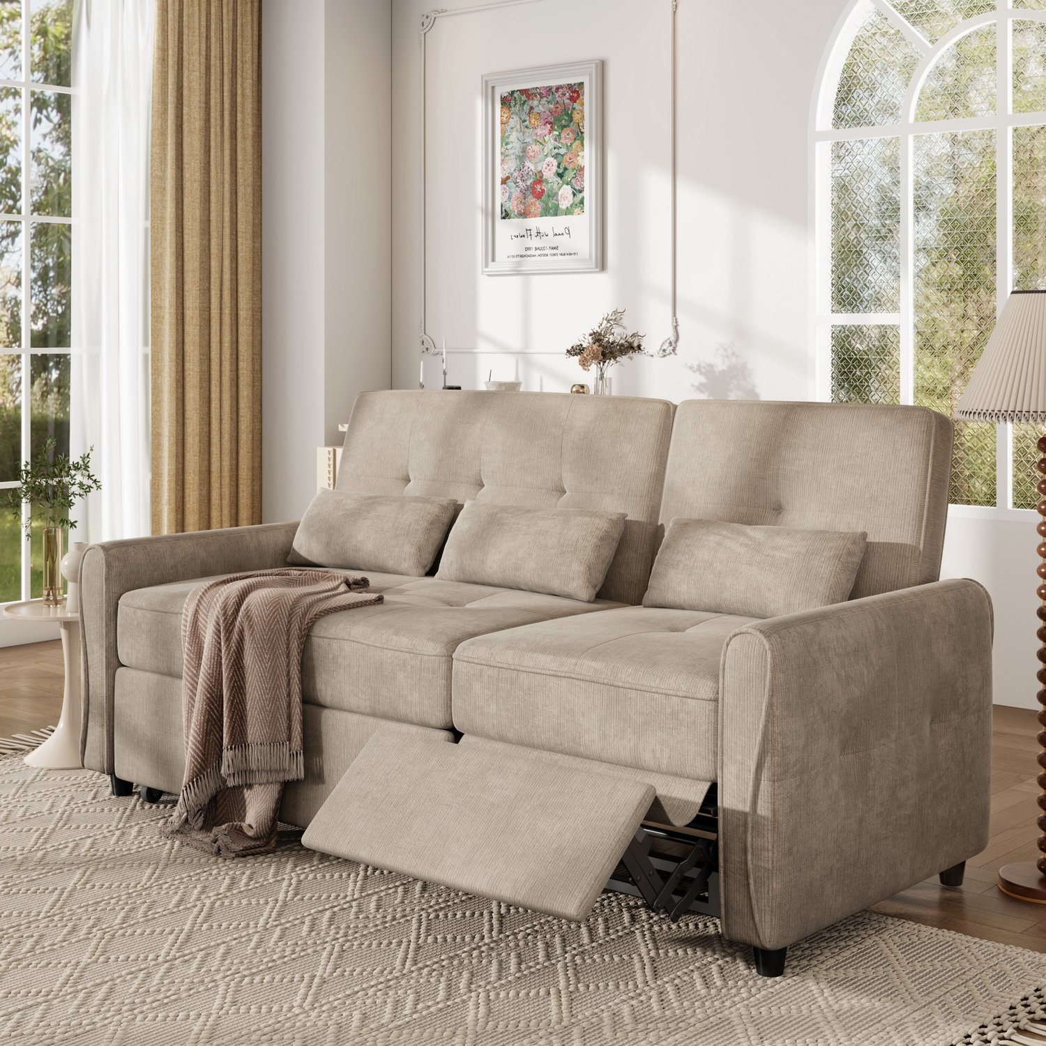 OKWISH Slaapbank 3-Zits - Drie Functies Met Uitschuifbare Ligplek En Verstelbare Rugleuning - Woonkamer - Chenille - Bruin Beige