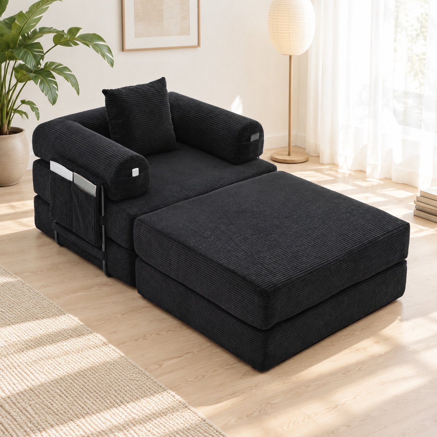WUVRIE Fauteuil met hocker - Ergonomisch ontwerp met zijvak en kussen - Zwart