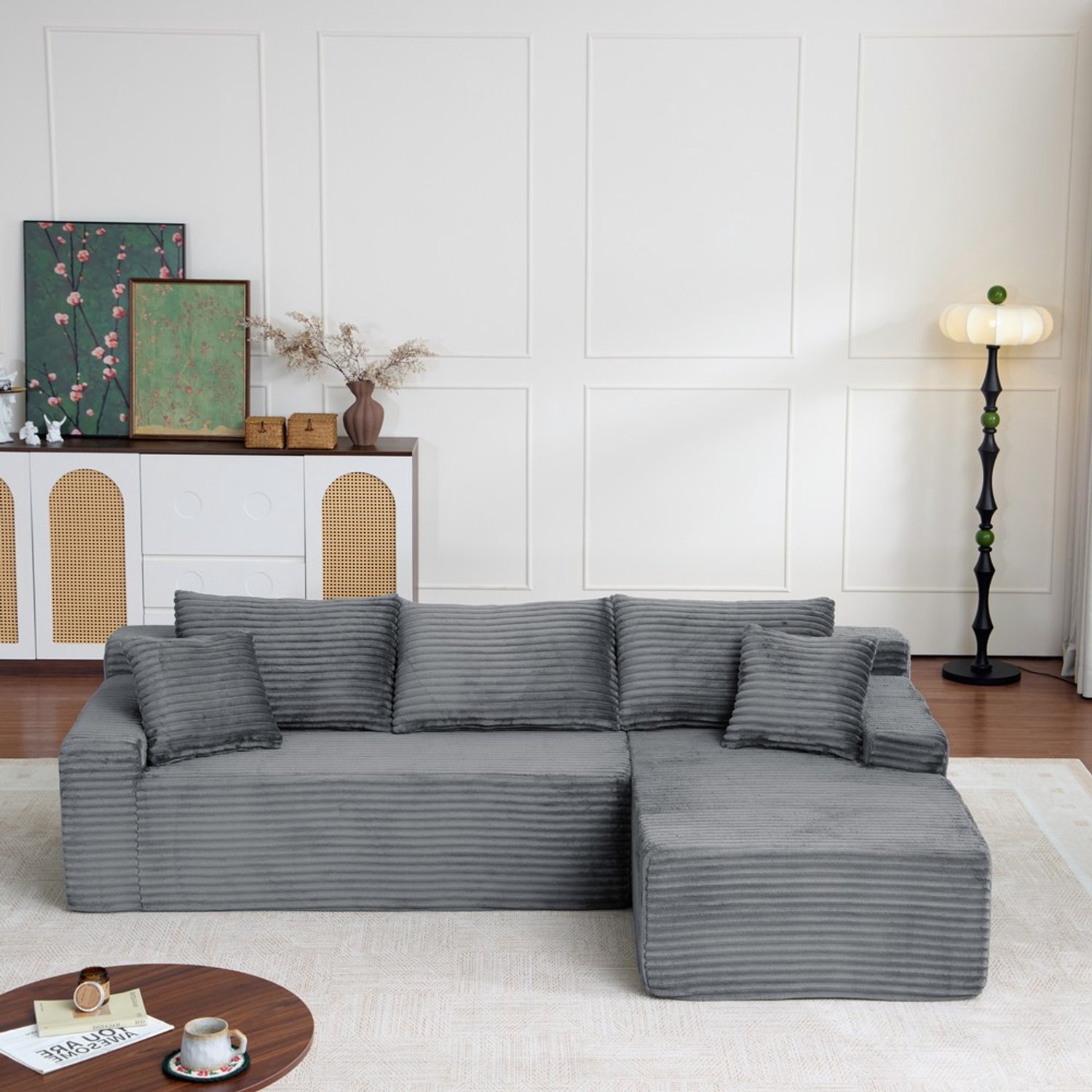 Pugsdrly Modulaire L-vormige corduroybank met een lengte van 239 cm, luxe vloerhoge bankstel, gestoffeerde meubels, compacte, met schuim gestoffeerde bank, geschikt voor woon- en slaapkamers, rechts Grijs