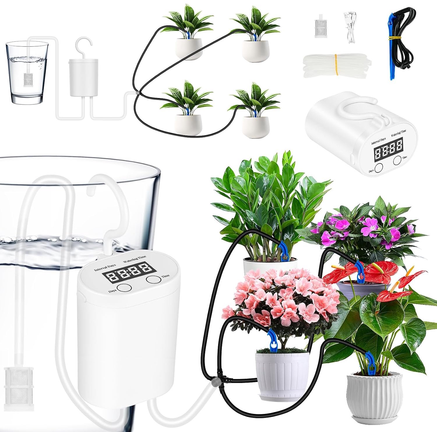 KZQ Automatisch bewateringssysteem – Automatische irrigatieset – Automatische bewatering voor 4 planten binnenshuis – Oplaadbare druppelirrigatieset met slangen