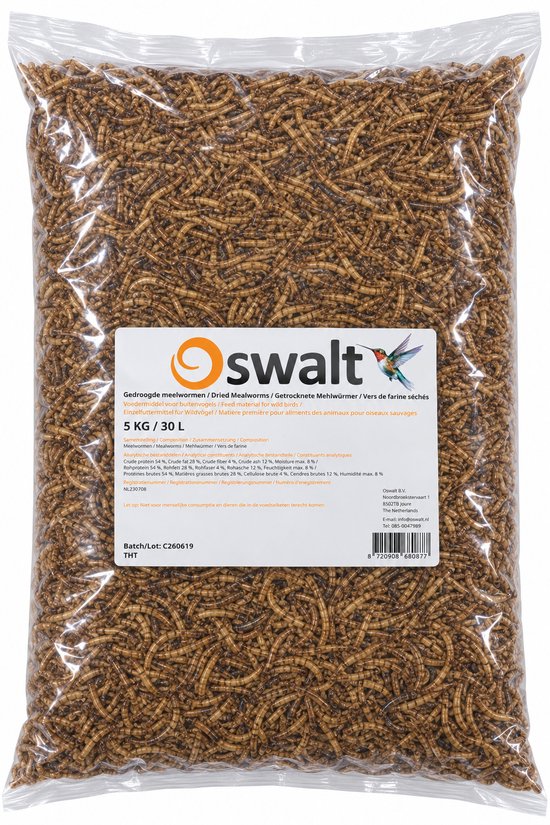 Transparante zak met 5 kg bruine gedroogde meelwormen en Oswalt productlabel.