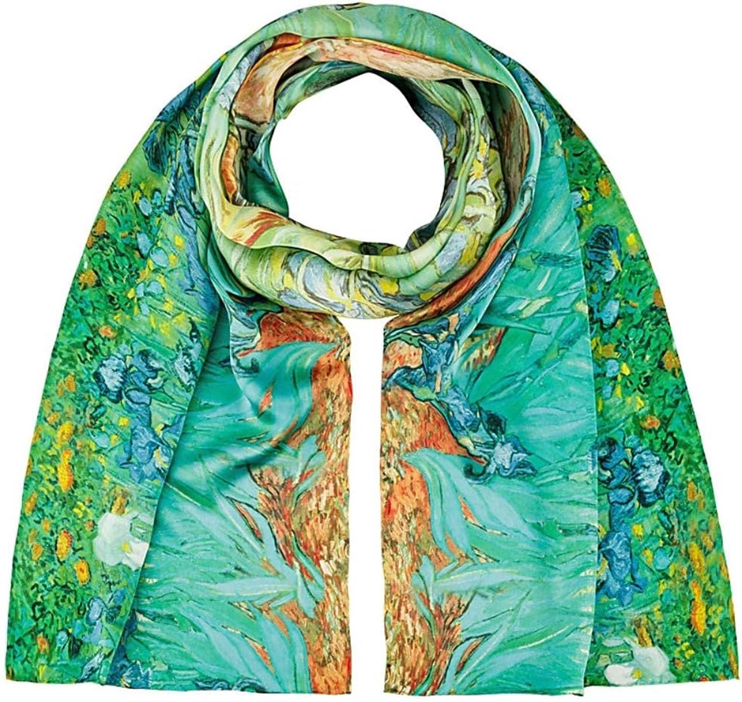 Zijden sjaal met Van Gogh Iris bloemen, handgerold, 172x42 cm