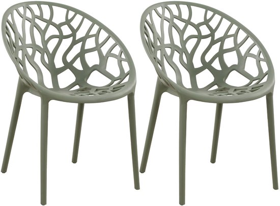 Twee identieke olijfgroene Hope tuinstoelen met een modern, organisch takpatroon tegen een witte achtergrond.
