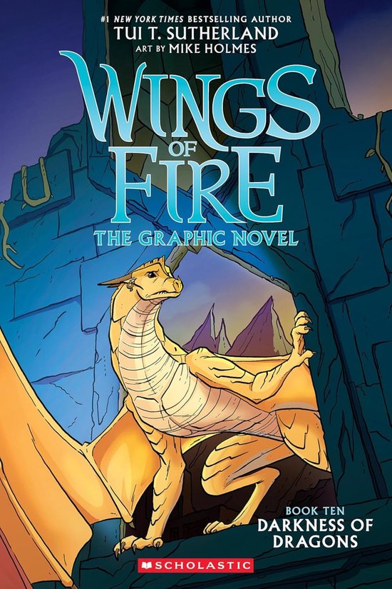 Cover van Wings of Fire: Darkness of Dragons met een gele draak die uit een stenen poort naar buiten kijkt.